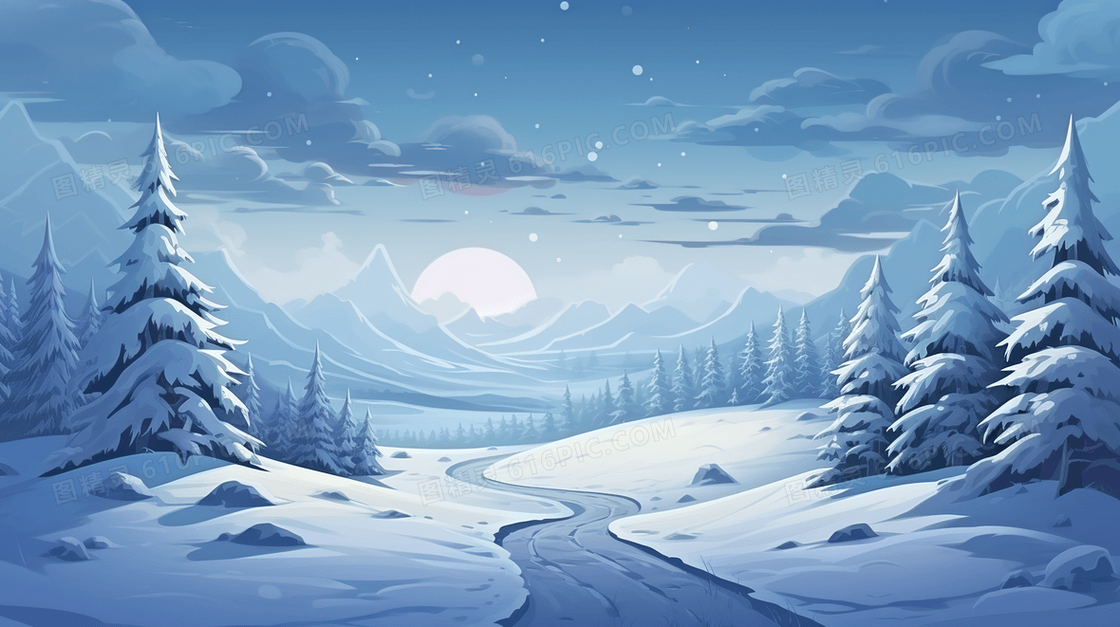 白色夜晚月亮下的山丘树林雪景插画