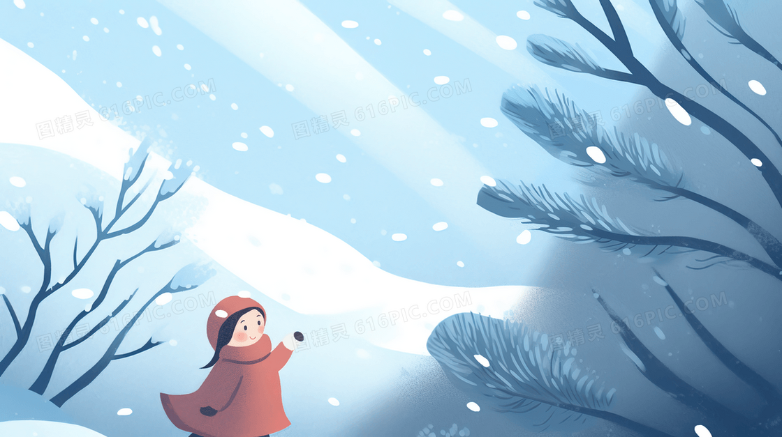 下雪天大树旁雪地里的小女孩简约清新插画