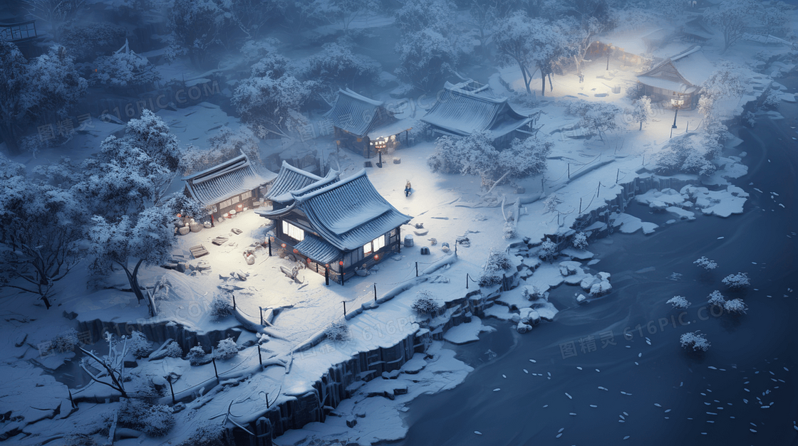 大雪覆盖的中国古代城镇C4D插画