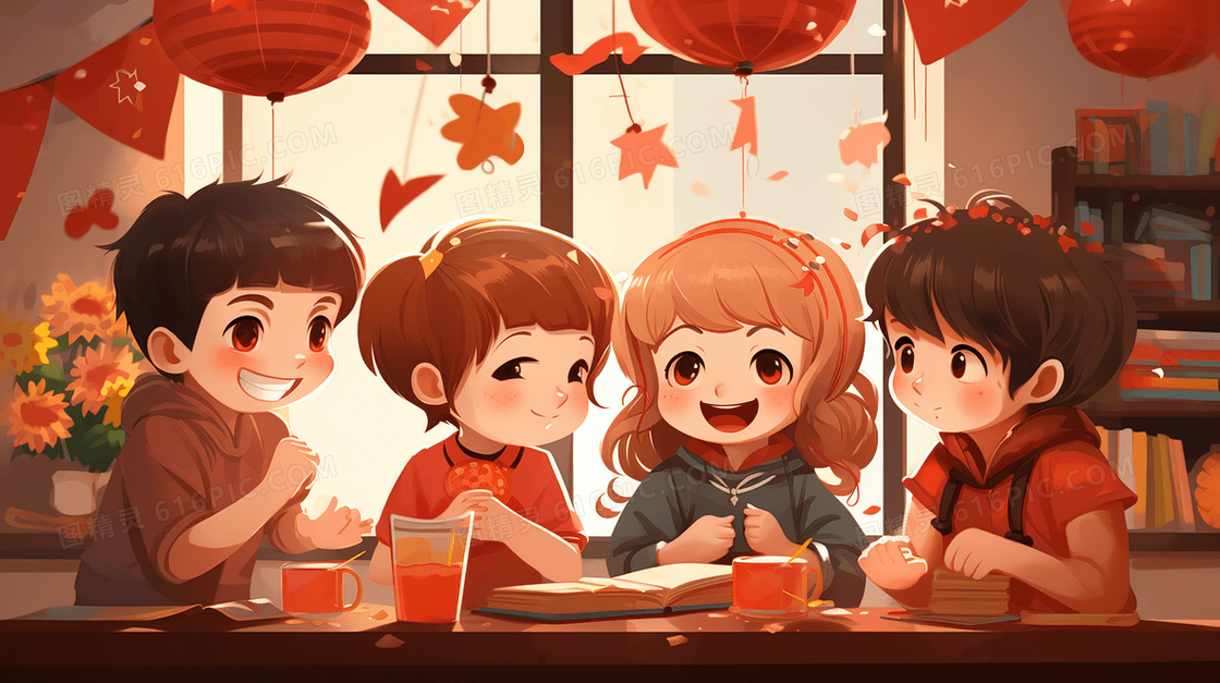 男孩女孩一起庆祝中国新年插画
