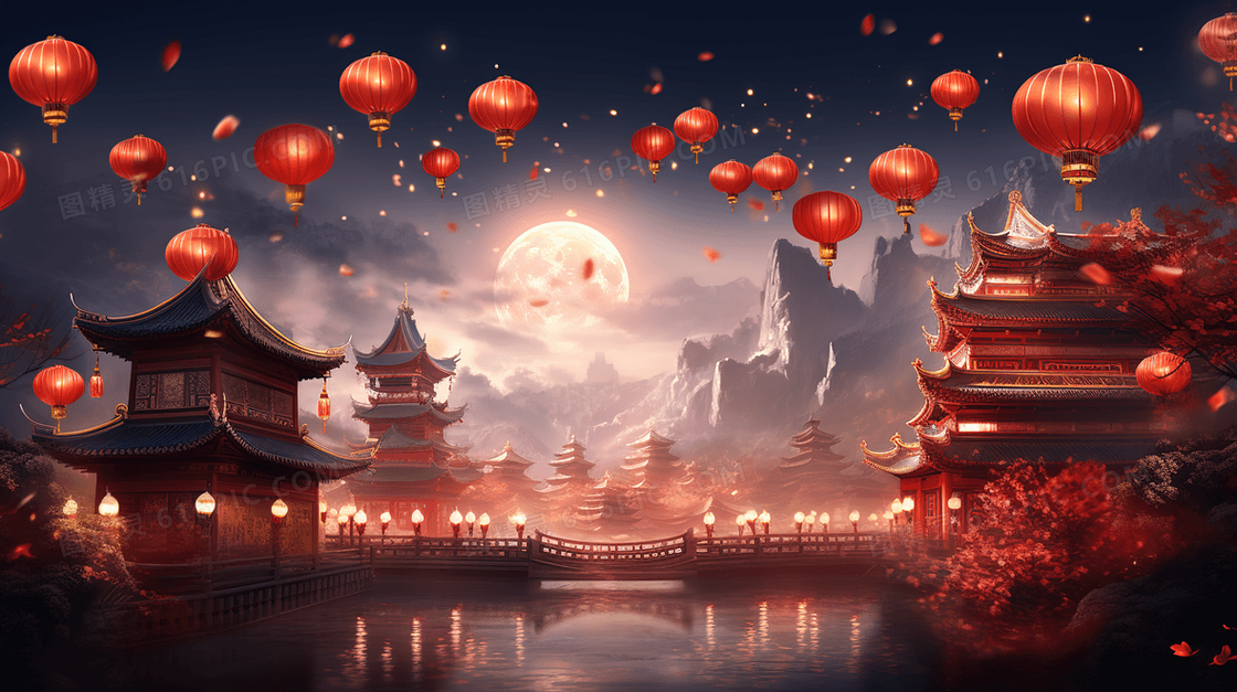 中国传统阁楼灯笼新年庆典插画
