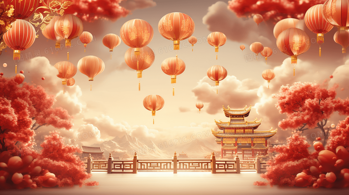 中国传统阁楼灯笼新年庆典插画