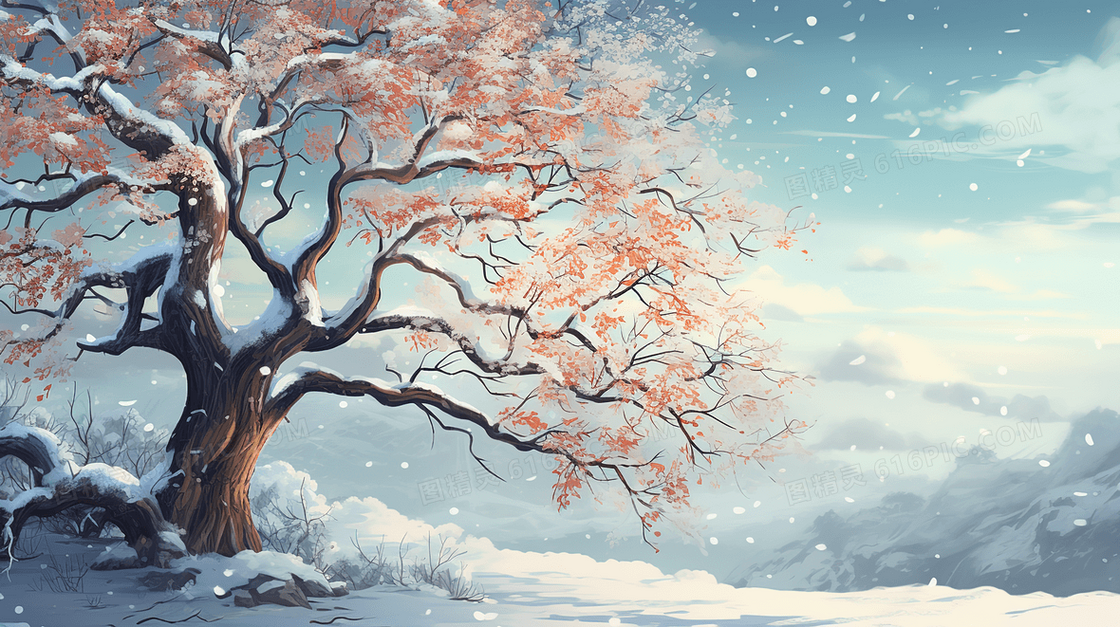 冬日里被积雪覆盖的树枝插画
