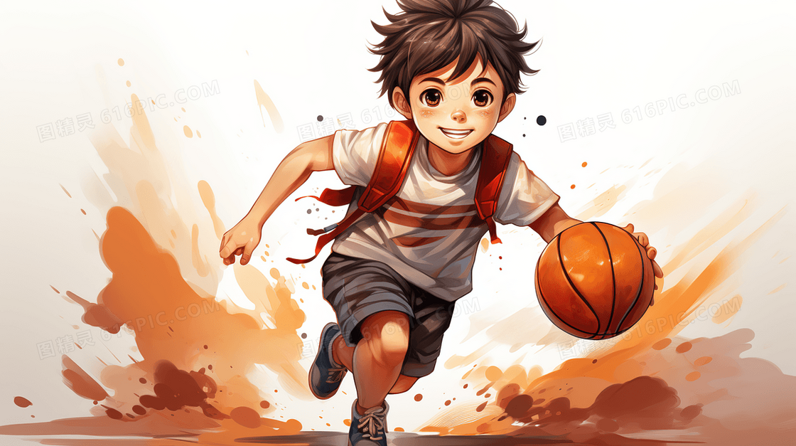 一个在控篮球奔跑的少年插画