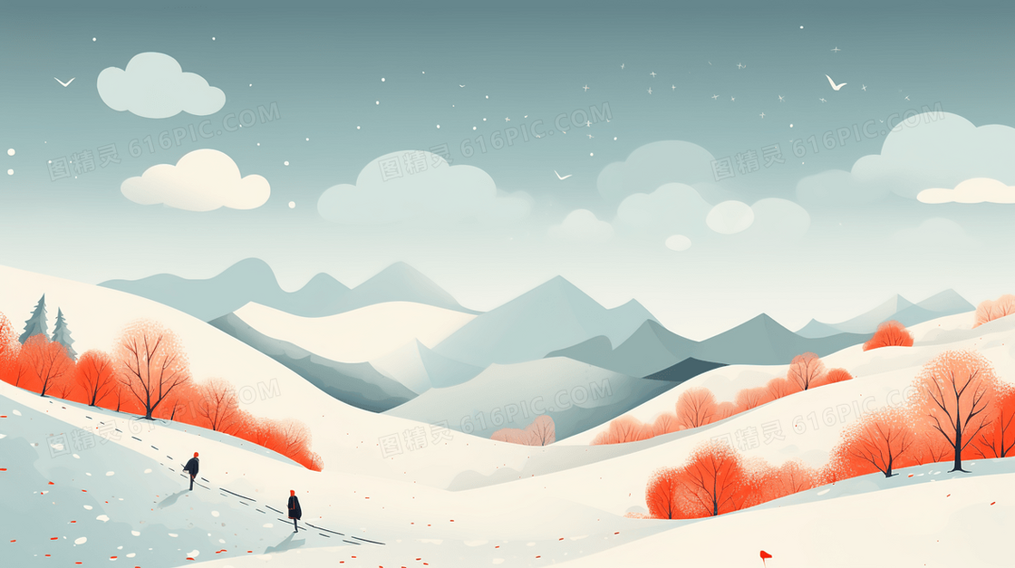 简约冬日大山雪地立冬插画