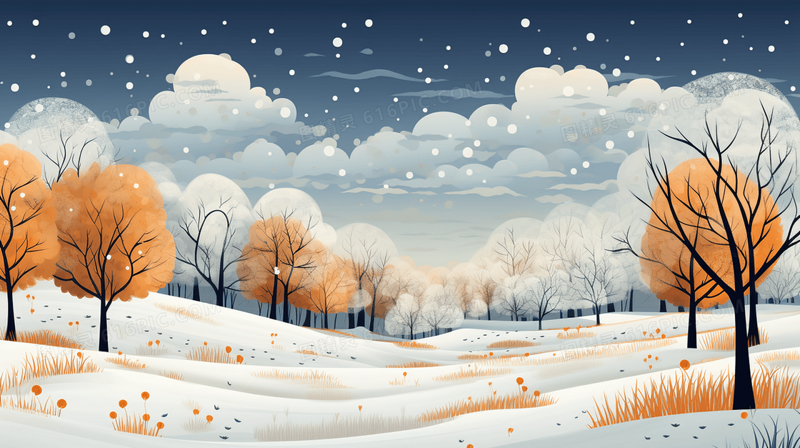 下雪森林树木雪景插画