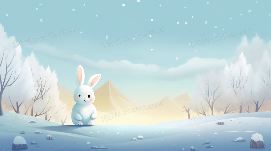 冬季雪地里的小白兔插画 