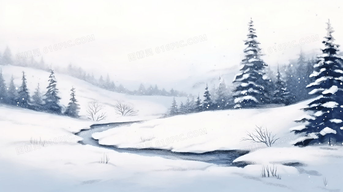 冬季雪雾中的山林雪景插画