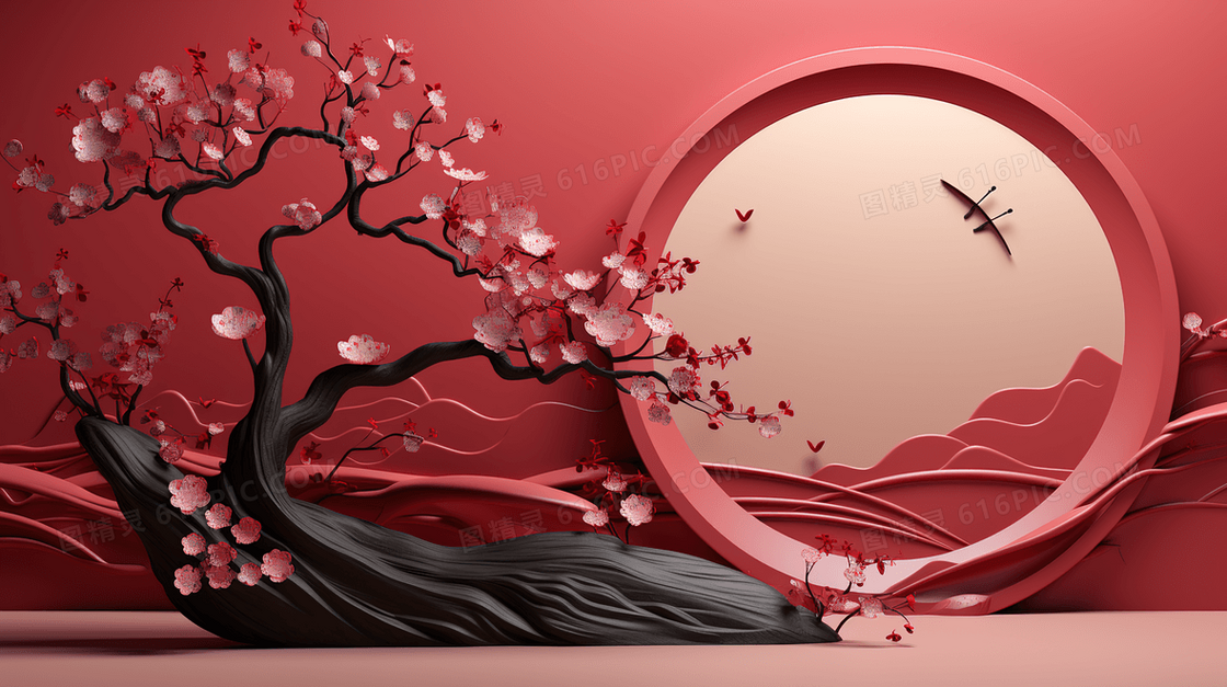 红色中国风立体花卉山水舞台背景概念图片