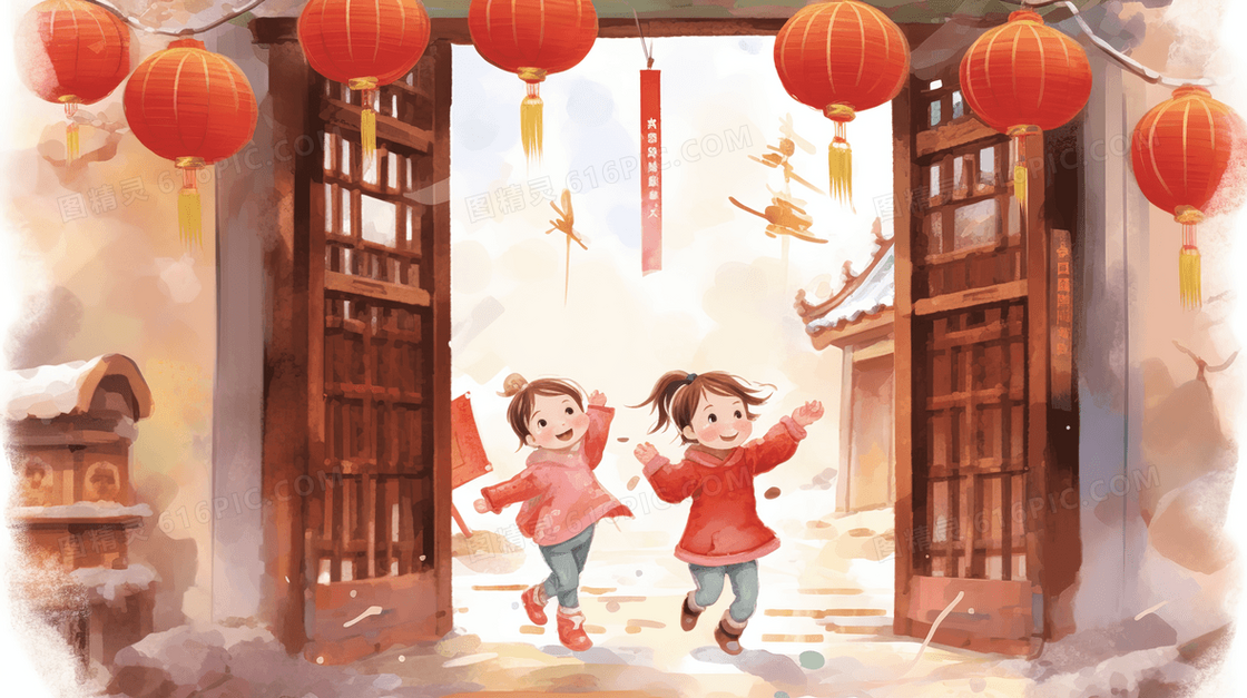 中国乡村老宅大门前的两个小女孩插画