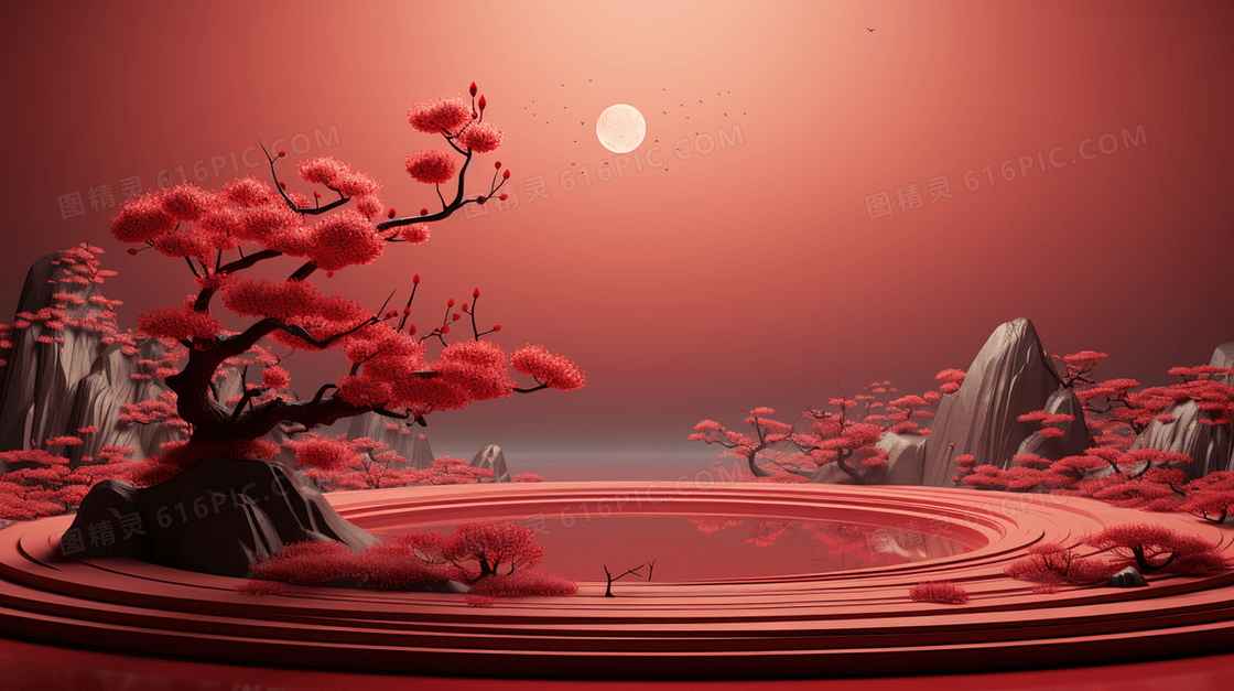 红色中国风立体花卉山水舞台背景概念图片