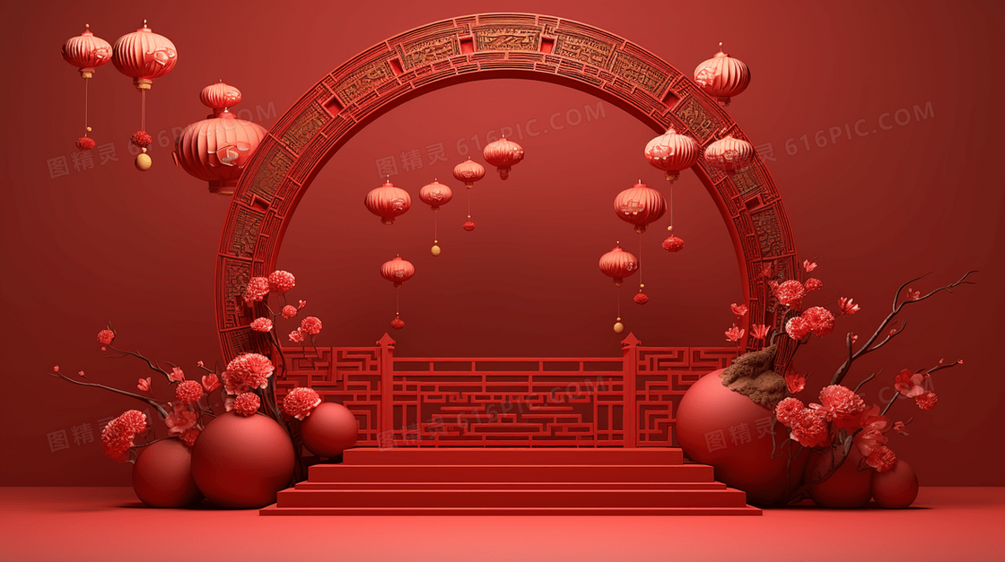 红色中国风立体灯笼花卉舞台设计概念图片
