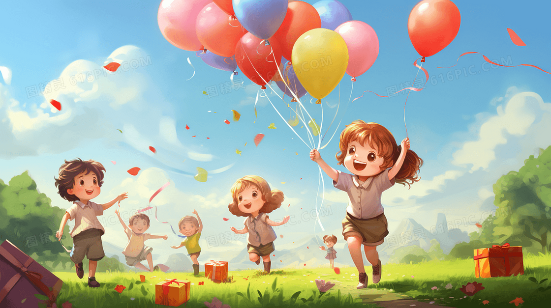 收到彩色气球和礼物的孩子们插画