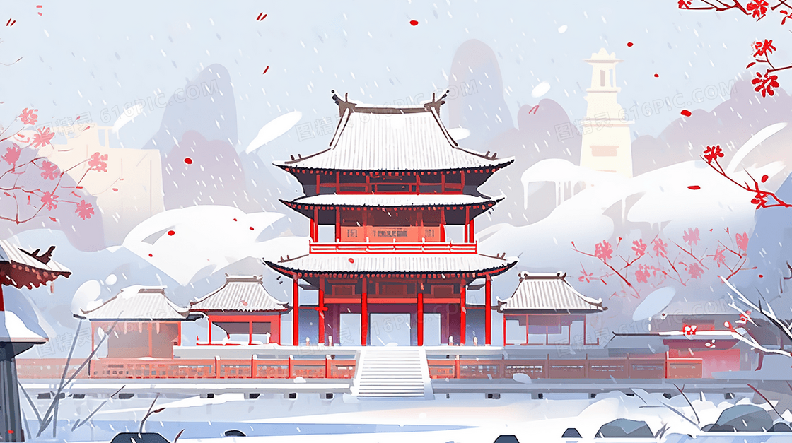 中国风唯美古典建筑风景插画