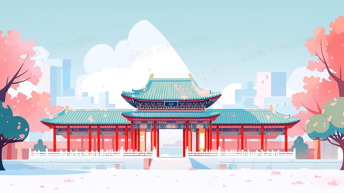 中国风唯美古典建筑风景插画