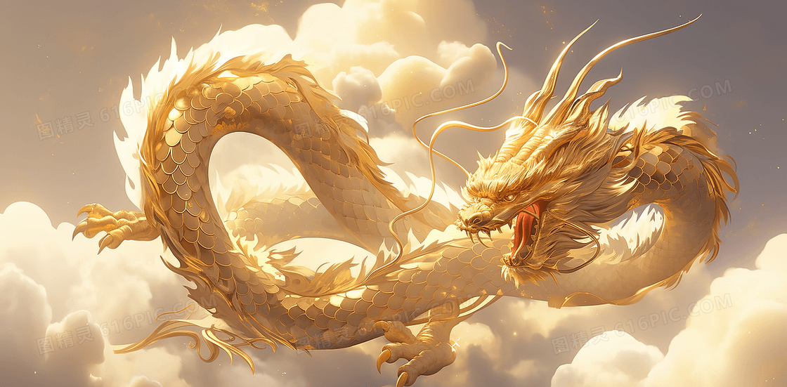 神话传说飞翔在云层中的金色神龙创意插画
