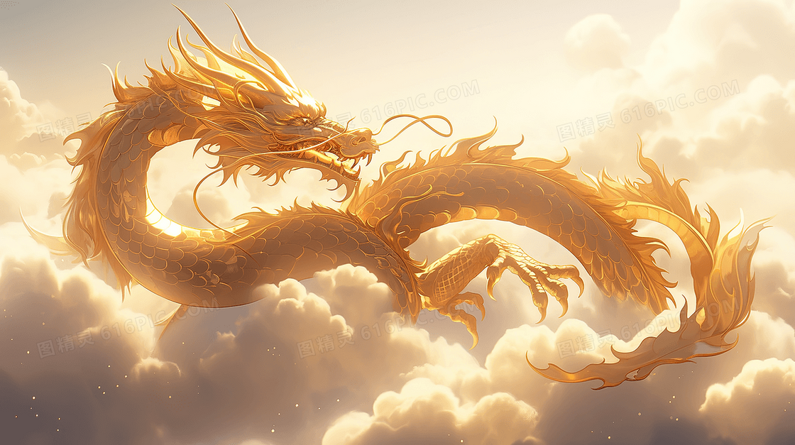 神话传说飞翔在云层中的金色神龙创意插画