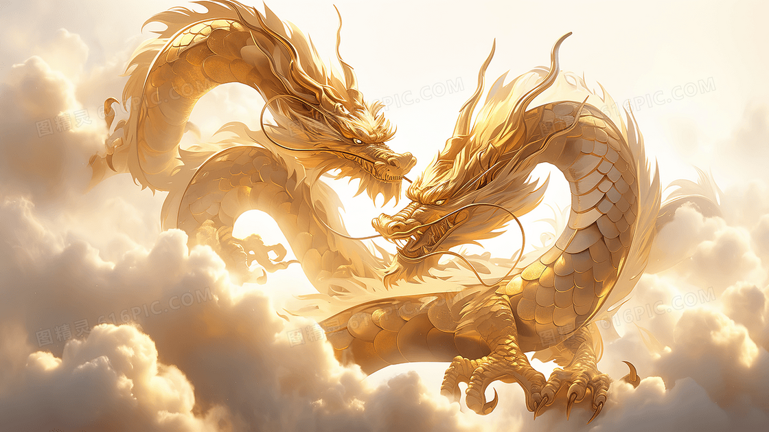 神话传说飞翔在云层中的金色神龙创意插画