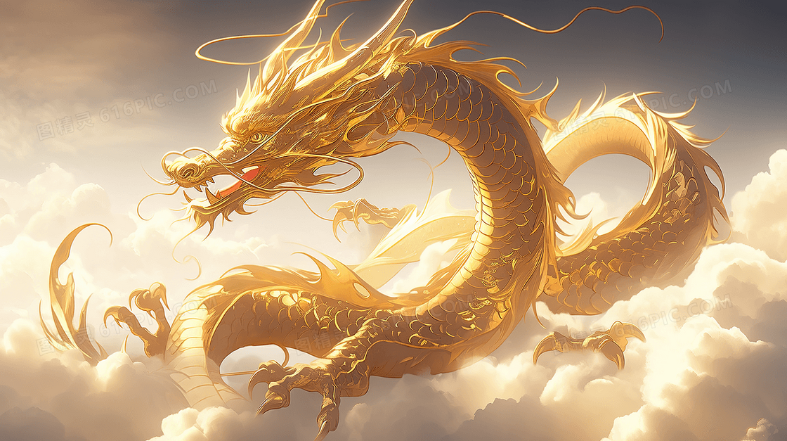 神话传说飞翔在云层中的金色神龙创意插画
