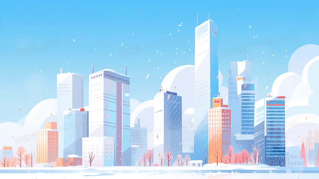冬季雪天城市建筑风景插画