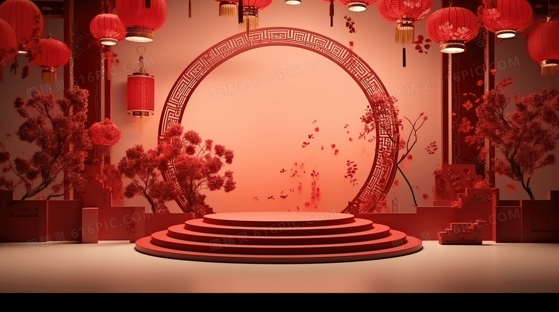 红色中国风立体花卉圆形舞台背景概念图片