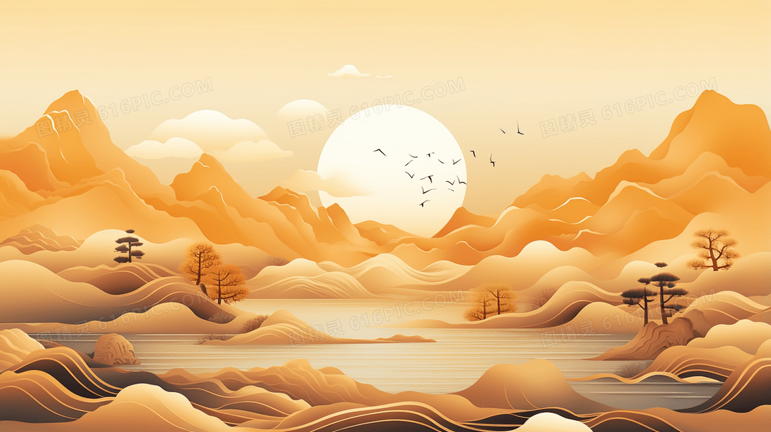 金色中国风恢弘明月山水风景插画