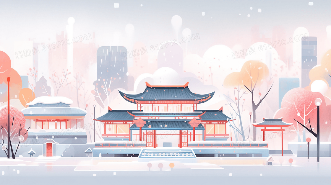 中国风古典楼阁建筑雪景插画