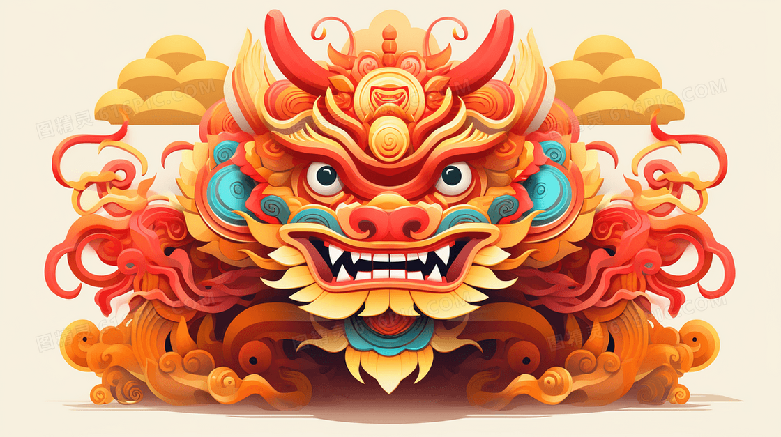 中国风传统狮子立体彩绘插画