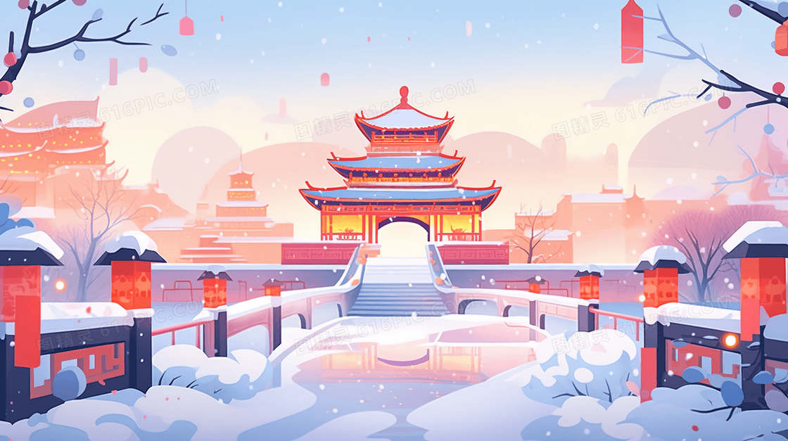 中国风古典楼阁建筑雪景插画