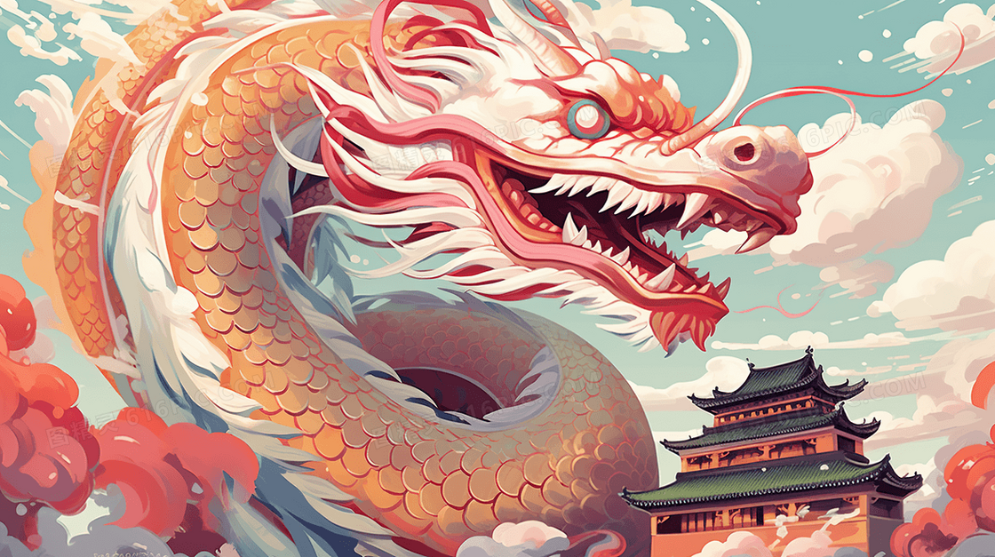 新年喜庆中国龙大好河山建筑插画
