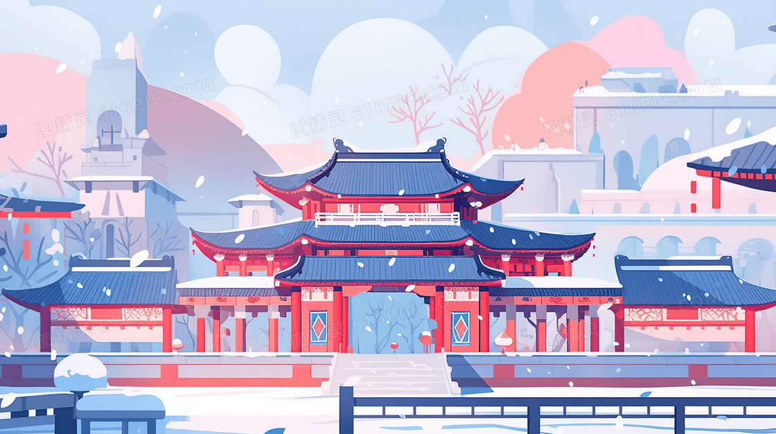 中国风古典楼阁建筑雪景插画