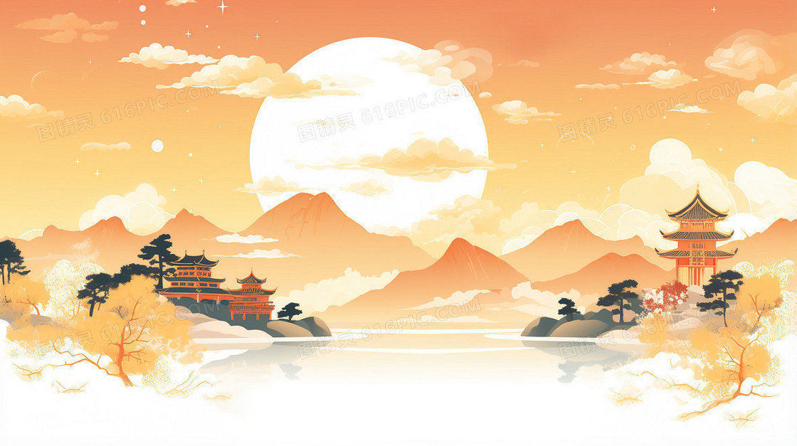 金色中国风恢弘山水建筑风景插画