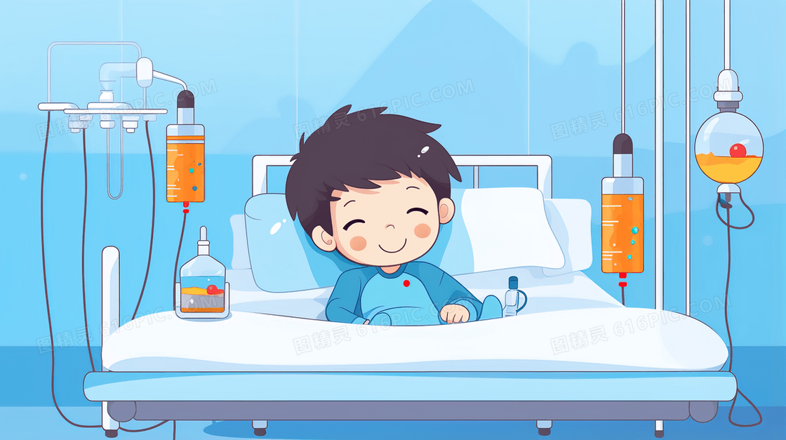 医院病床上治疗输液的小男孩插画