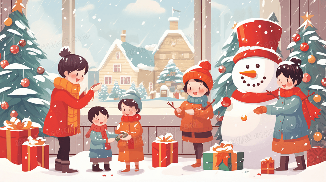 大雪天里家人一起庆祝圣诞节插画