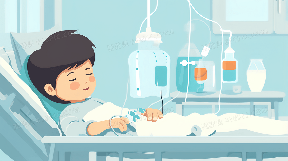 医院病床上治疗输液的小男孩插画