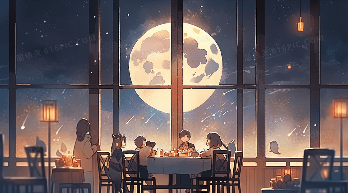 中秋节一家人赏月吃团圆饭场景插画