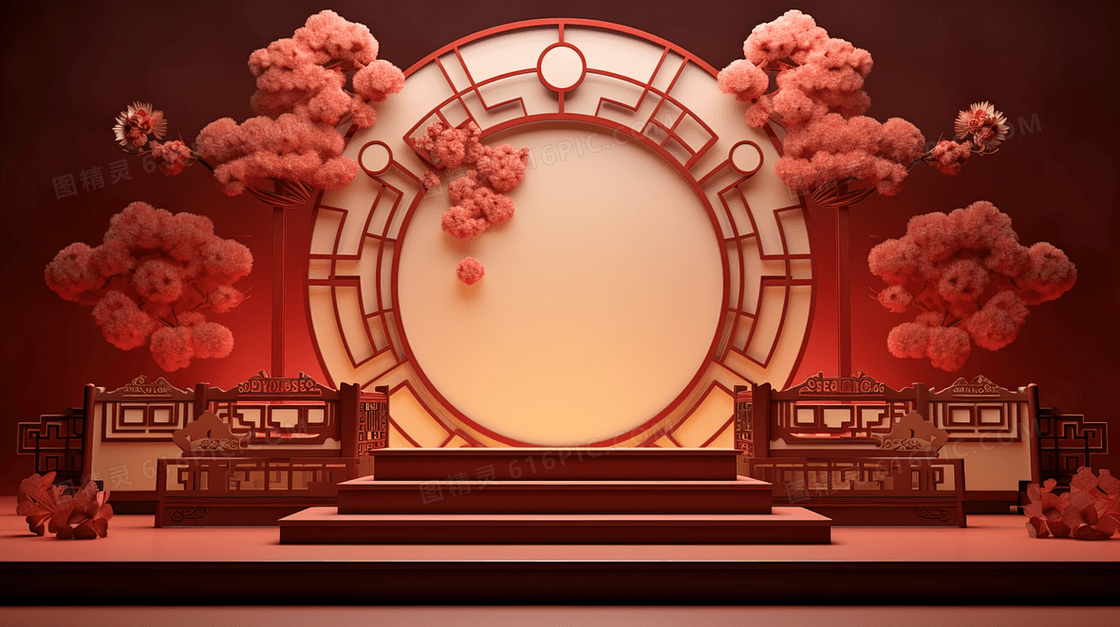 中国风红色花朵圆形舞台设计概念图片