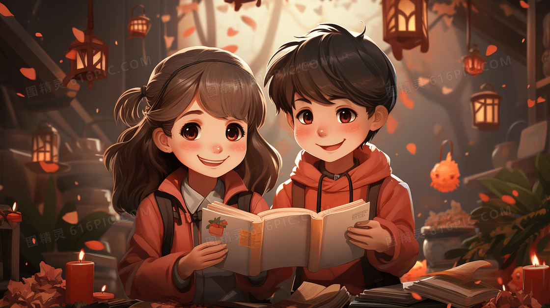 小屋里点亮蜡烛看书的男孩女孩插画