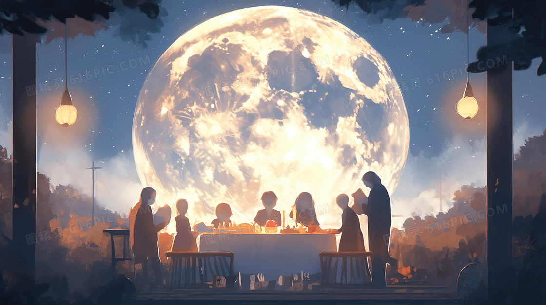 中秋节一家人赏月吃团圆饭场景插画
