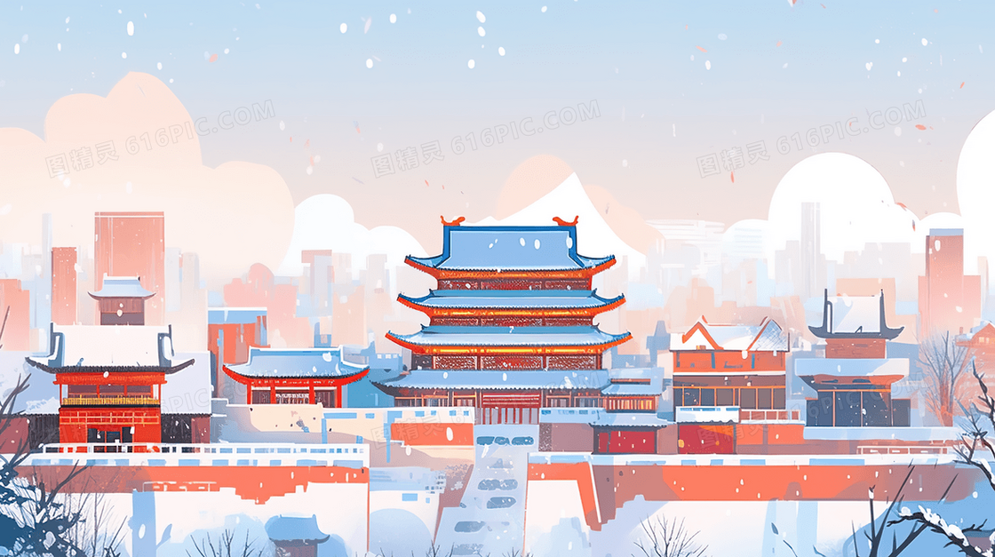 古典楼阁建筑雪景插画