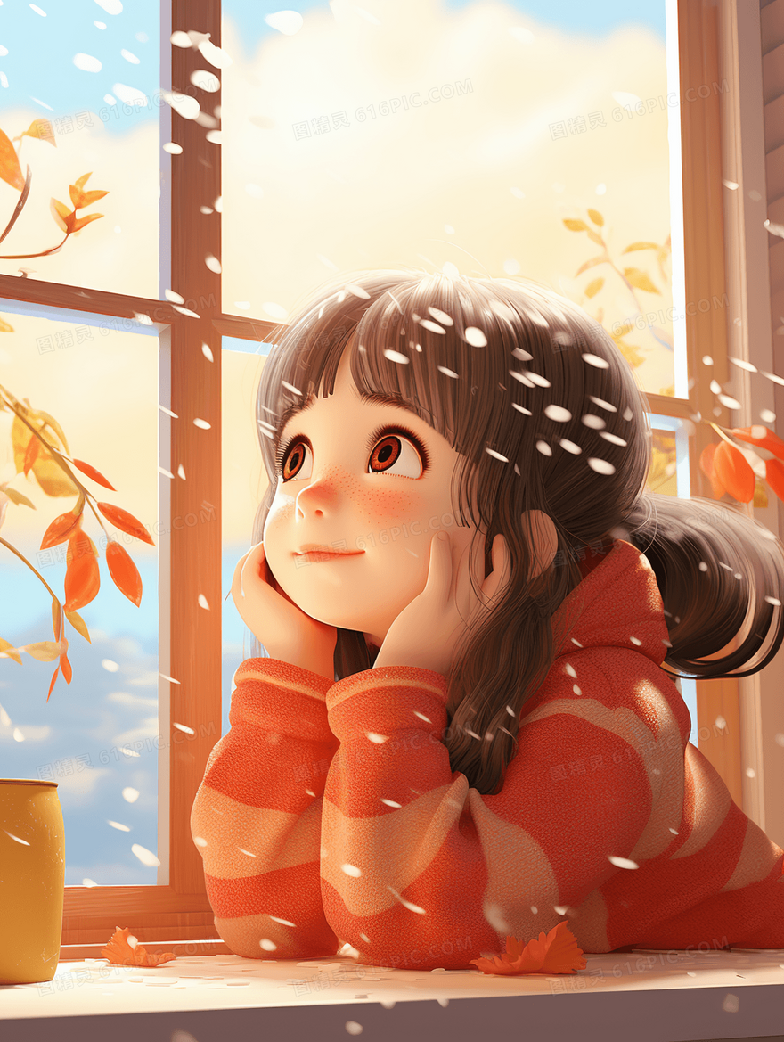 霜降节气阳台上思考的小女孩插画