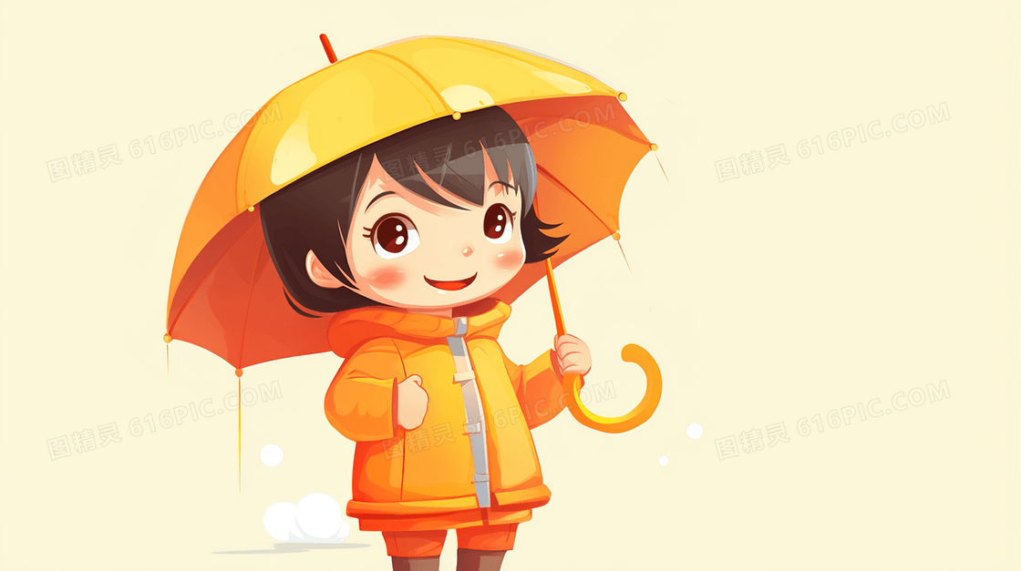 打着黄色雨伞穿着雨衣的小女孩插画