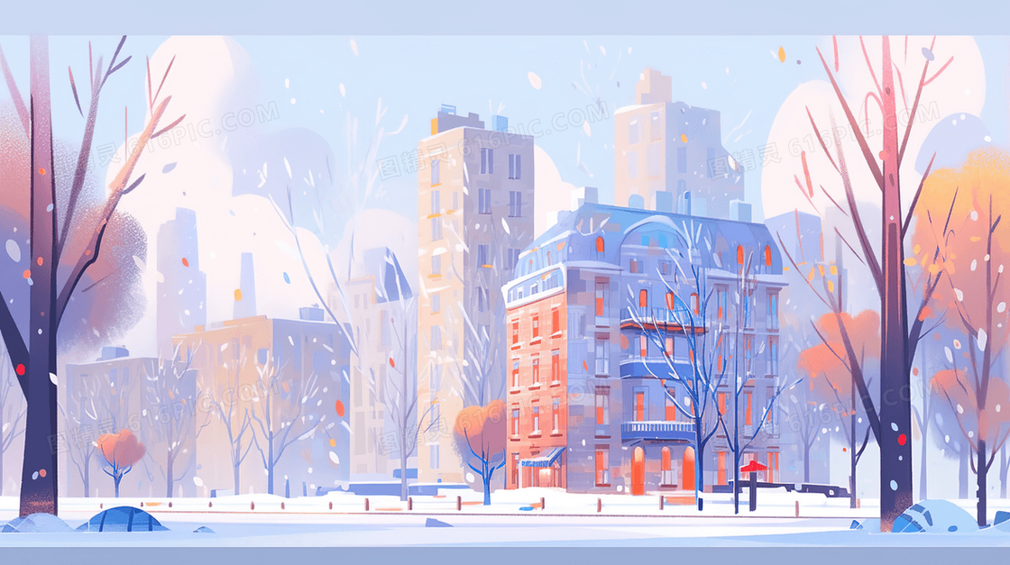 下雪天城市街道旁高楼建筑风景插画