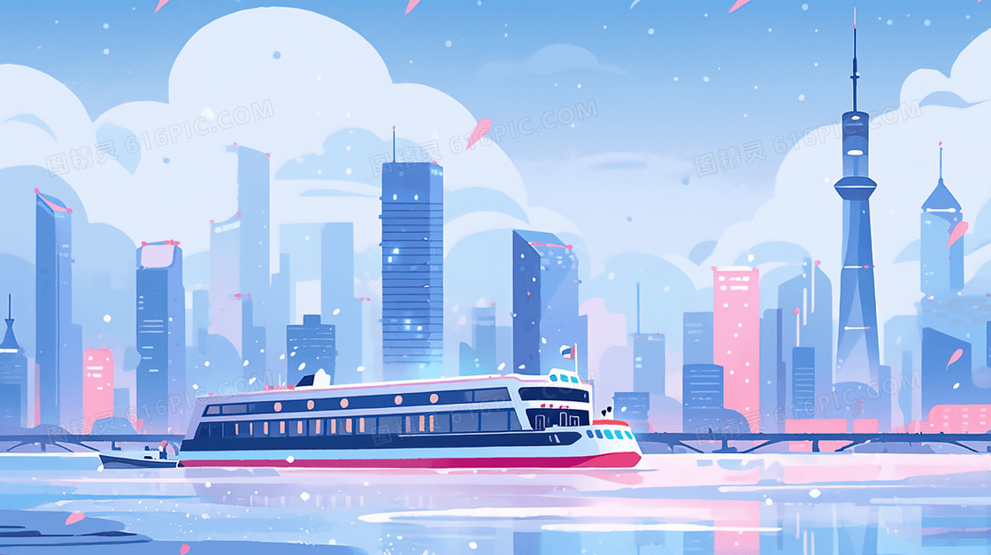 江上行驶的轮船城市高楼建筑风景插画