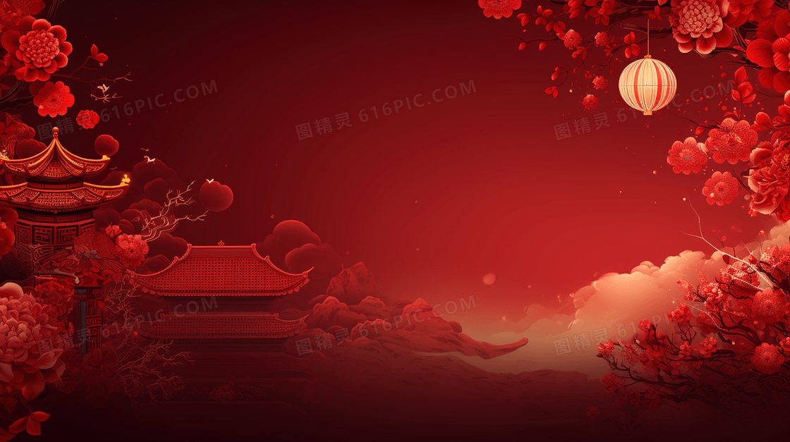 红色中国风建筑盛开的花朵喜庆插画