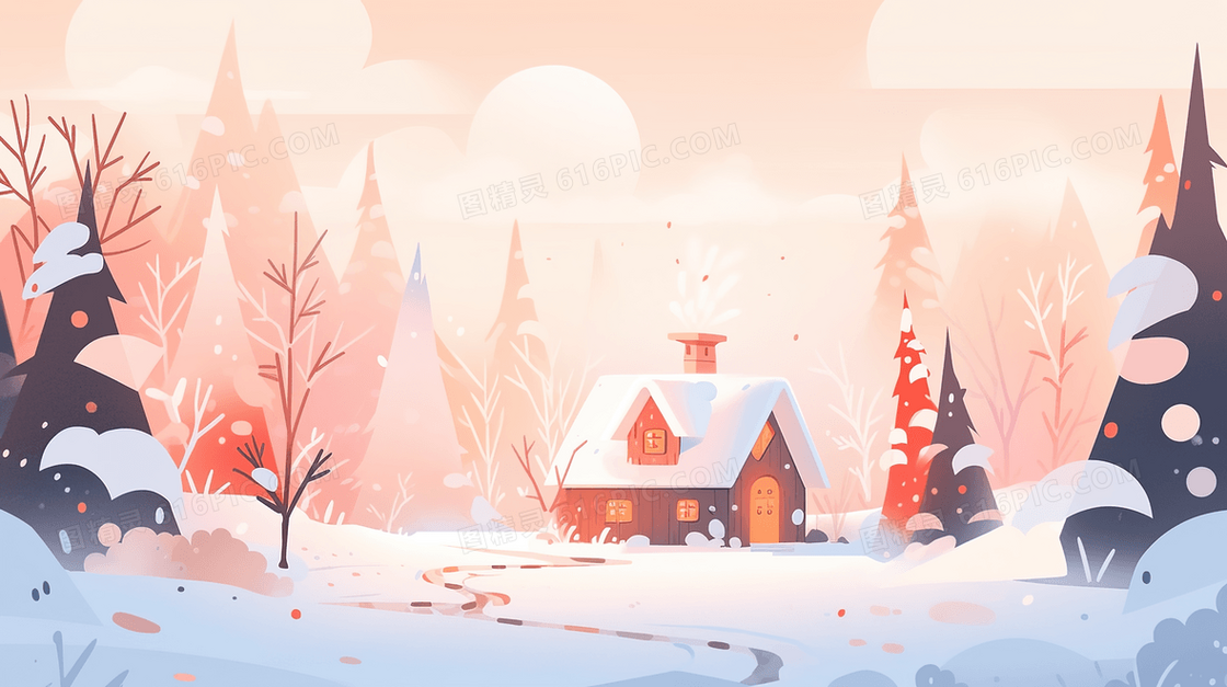 冬季铺满雪的树林风景插画