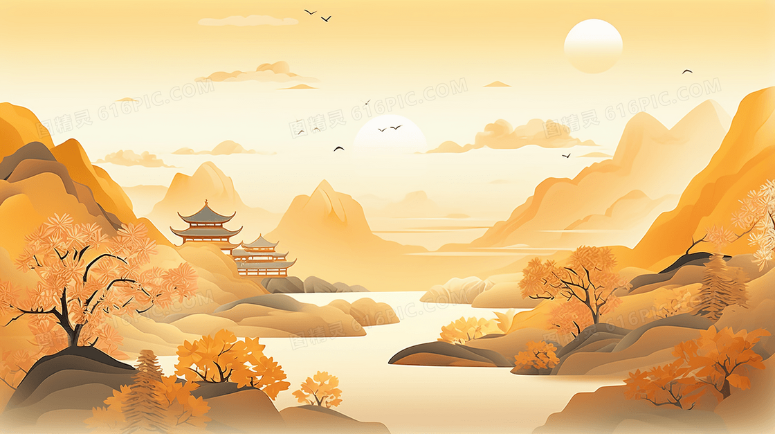金色中国风恢弘山水建筑风景插画