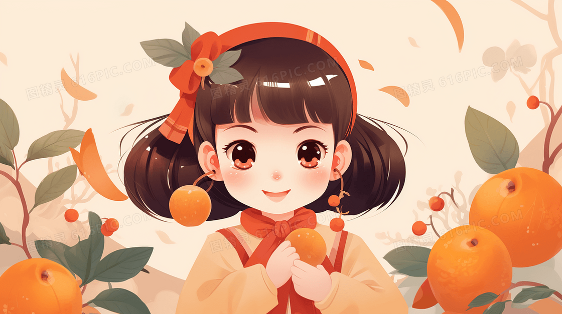 大橙子水果中的可爱小女孩插画