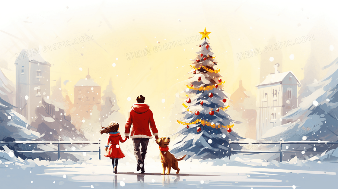 圣诞节下雪天牵着小孩和小狗散步插画