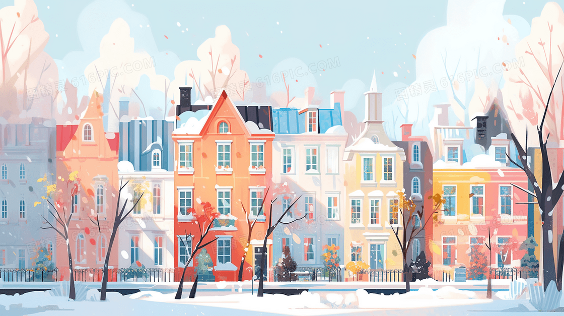 下雪天城市街道建筑风景插画